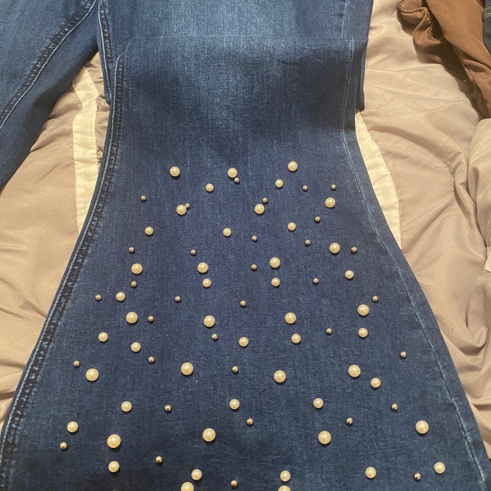 Denim flare jeans with pearl detail